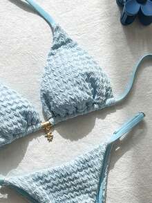 Swim Mod Bộ bikini hai mảnh buộc cổ màu vàng kem trơn dành cho nữ, chất liệu vải jacquard, họa tiết ngôi sao. - Màu xanh lam - Xem 4