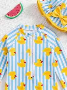 SHEIN 女婴休闲夏季可爱条纹小鸭图案长袖泳衣 - 彩色 - 查看 4