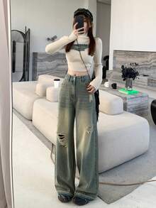 DAZY Women's Loose Fit Distressed Washed Copper Tone Denim Jeans - Black - View 2