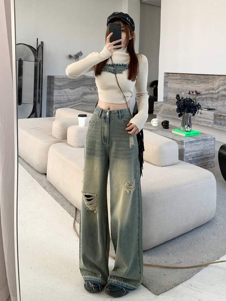 Women's Loose Fit Distressed Washed Copper Tone Denim Jeans