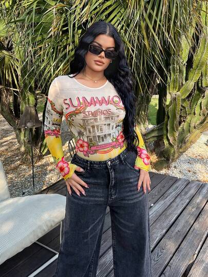 SHEIN SXY Sheer Printed Long Sleeve Romper, Vacation Beach Cover Up