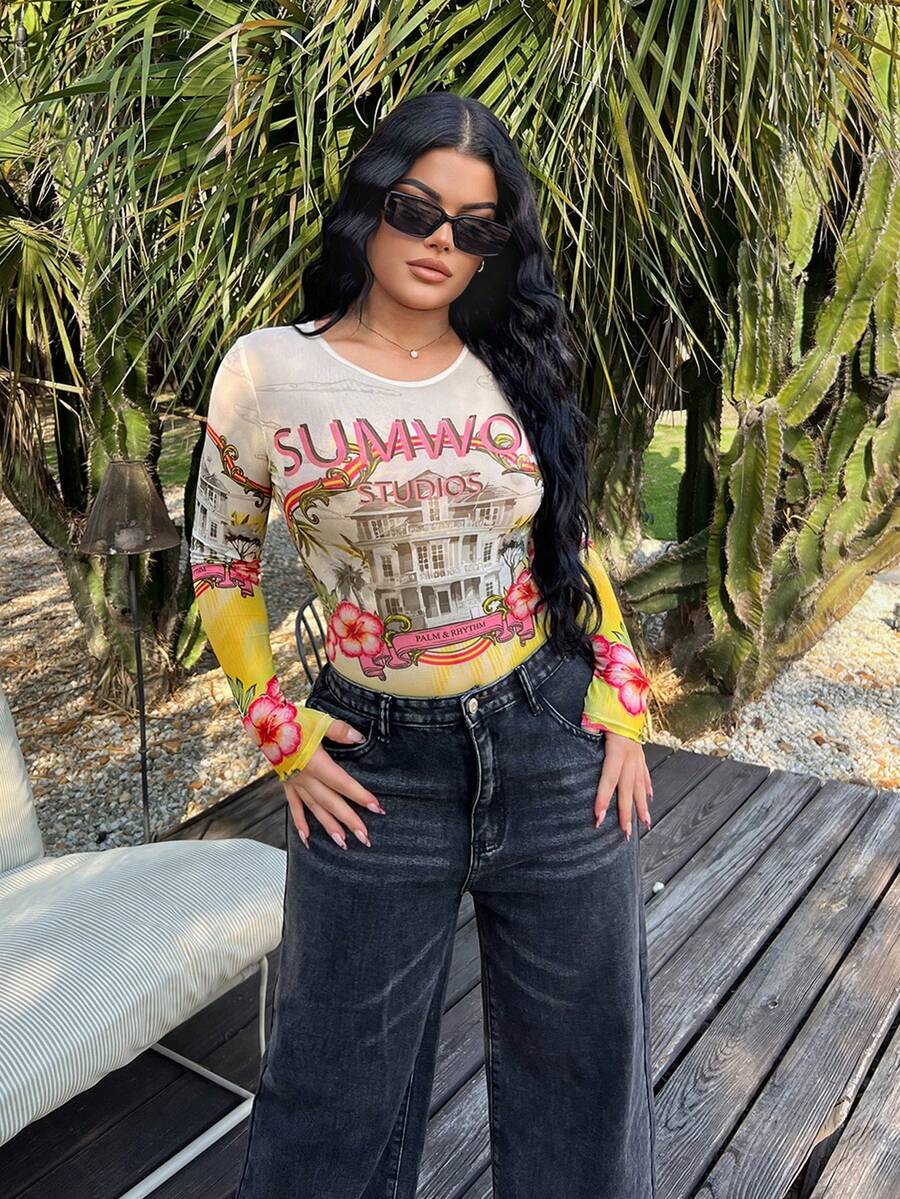 SHEIN SXY Sheer Printed Long Sleeve Romper, Vacation Beach Cover Up - Multicolor - View 1