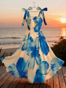 asdQadelle Vestido casual de mujer sin mangas con estampado floral, diseño de cintura ceñida y línea A, estilo romántico adecuado para vacaciones, paseos por el jardín, té de la tarde y otras ocasiones casualesasd XHHY - lago azul - Ver 3