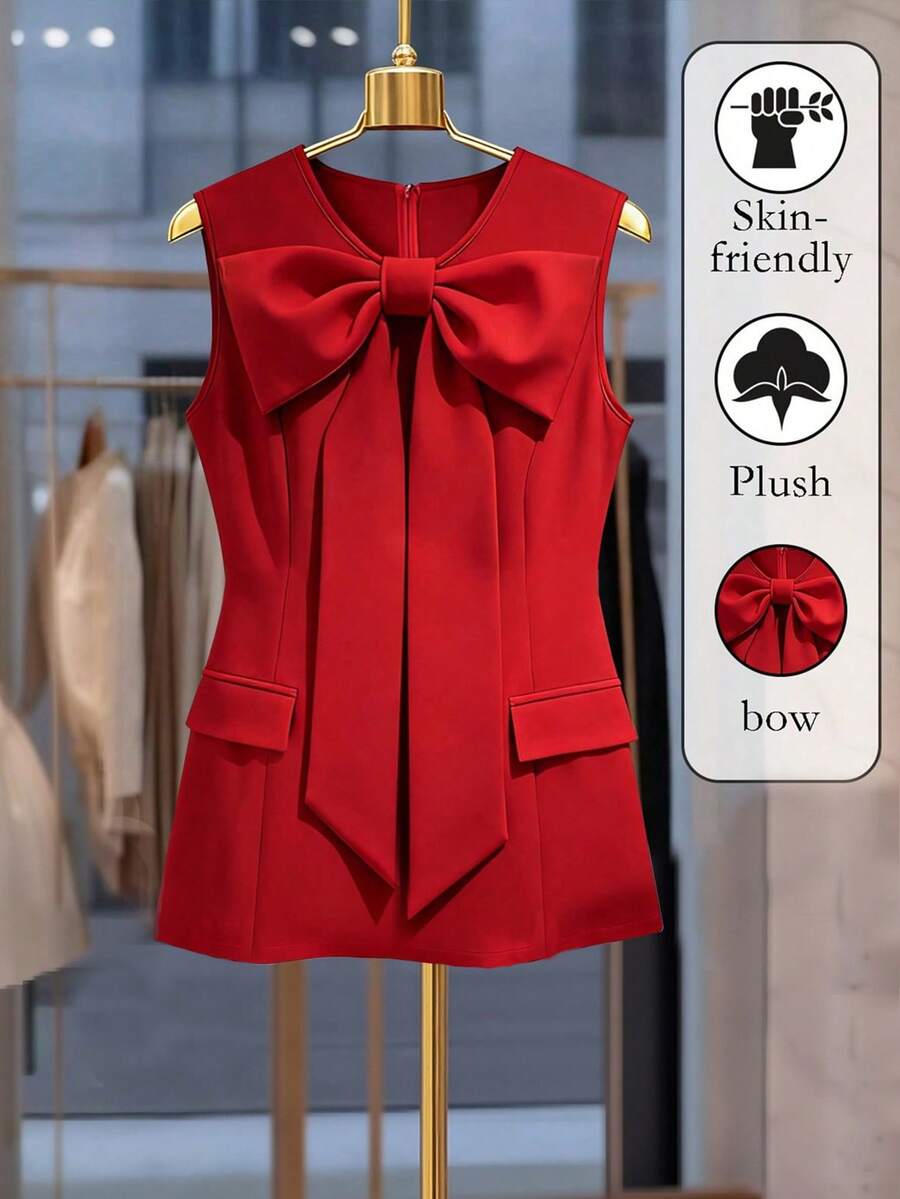 GlowEve Áo cánh nữ thanh lịch, lãng mạn, nơ đỏ - Đỏ - Xem 1