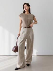 Dazy Tall Áo vest nữ dáng dài, cổ tròn, tay ngắn, chất liệu dệt kim gân, thiết kế xẻ tà thanh lịch. - Màu Khaki - Xem 2