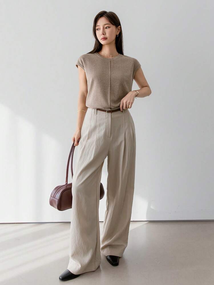 Tall Women's Elongated Round Neck Short Sleeve Knit Ribbed Vest Top With Elegant Split Design