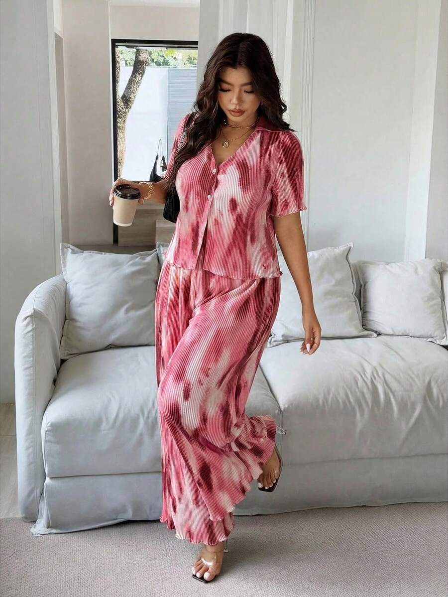 Vionelle 大码女式扎染单排扣短袖上衣和阔腿裤休闲两件套，最新款女式度假装，女士夏季休闲套装，长款休闲连衣裙 - 粉色 - 查看 1