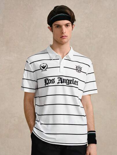 Courvante Men's Casual Minimalist Black & White Striped Letter Polo Shirt, Suitable For School, Outings And Gifting To Friends Tenniscore