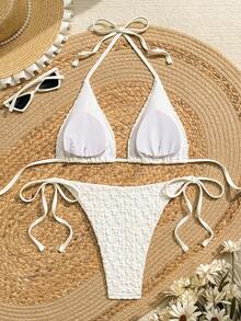 Bonvoyette Bộ bikini tam giác buộc dây cổ gợi cảm 2 mảnh, đồ bơi nữ cho kỳ nghỉ - Màu be - Xem 2