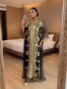 SHEIN Lady CURVE Áo sơ mi rộng rãi, cổ bèo nhún, vải dệt màu vàng Boho thanh lịch, giản dị, mùa xuân và mùa hè, áo sơ mi trễ vai mùa hè, áo sơ mi ngắn cỡ lớn - màu đen - Xem 3