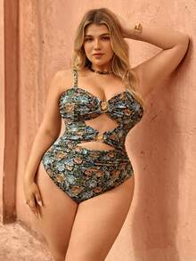 Swim Chiccia Plus Size Women Casual Vintage Random Print Hollow Design Adjustable Strap One-Piece Swimsuit - Multicolor - View 4