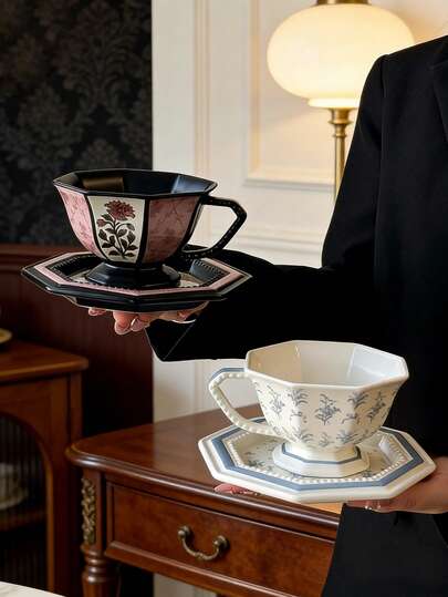 一套法式复古花卉藤蔓陶瓷咖啡杯碟，家用饮水/下午茶杯碟，节日礼品杯碟