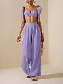 Zivah Beach New Spring And Summer Casual Holiday Bowknot Shoulder Straps Chest-Wrapped Heart Collar Cropped Top + Wide-Leg Super Trousers Apricot Women's Two Pieces Se,Textured Fabric Material - Mauve Purple - View 1