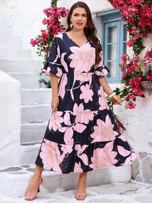 Miaspire Plus Size Navy Blue Floral Print Midi Dress For Women,Summer Boho Elegant Casual Vacation Holiday Outfits,Country Style Tea Party Mothers Day Dress - Multicolor - View 4