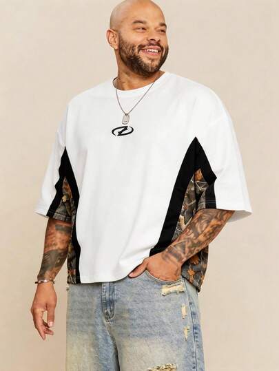 EASEVO Plus Size Men's Color Block Round Neck Casual Versatile Daily Wear Short Sleeve T-Shirt