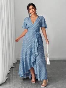 SHEIN Unity Vestido envolvente de lunares talla grande con cintura anudada, volantes en el bajo y abertura lateral - Azul - Ver 6