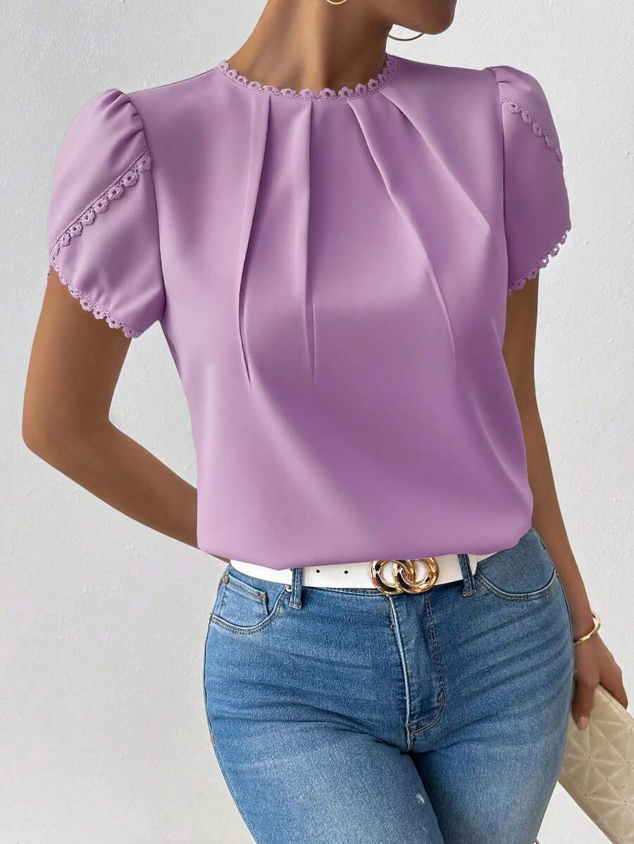 Rafferiza Women's Elegant Casual Solid Color Lace Patchwork Ruffle Collar Flare Sleeve Blouse - Purple - View 1