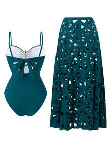 Swim Oasis Đồ bơi liền thân không dây vai dành cho nữ, có dây đeo rời, họa tiết năm sao, hình vịt nước với hoa cắt tỉa, váy dài, màu xanh dương, thích hợp cho kỳ nghỉ biển. - Màu xanh ngọc - Xem 2