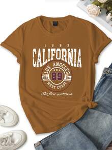 INAWLY 女士字母印花圆领短袖休闲T恤 - 棕色 - 查看 1