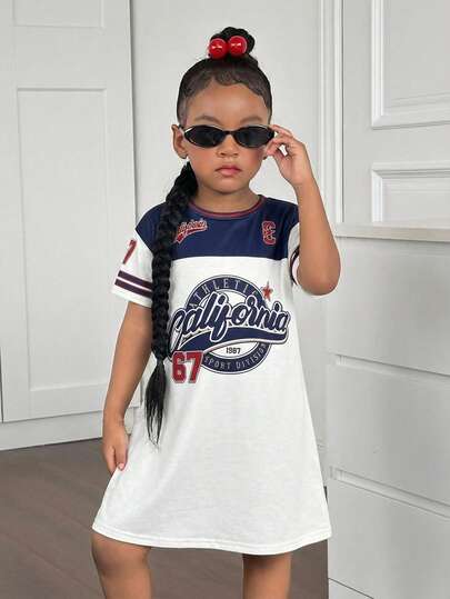 女童彩虹条纹可爱小白马印花短袖针织A字连衣裙，宽松时尚，百搭，适合派对、郊游、姐妹合照、公园、露营、度假、日常休闲穿着