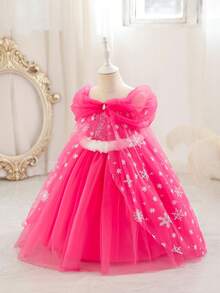 Glamorique Kids 2026春夏新款柔软舒适蓬蓬裙，时尚新潮，度假旅行必备，女童公主网纱连衣裙，玫红色亮片派对礼服，印花薄纱蓬蓬裙，白色毛边，四季皆宜，中东和欧洲风格 - 玫紅色 - 查看 7