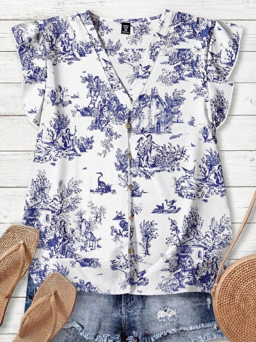 Rusticease 女士V领纽扣门襟短袖休闲衬衫，适合夏季嘉年华、休闲场合