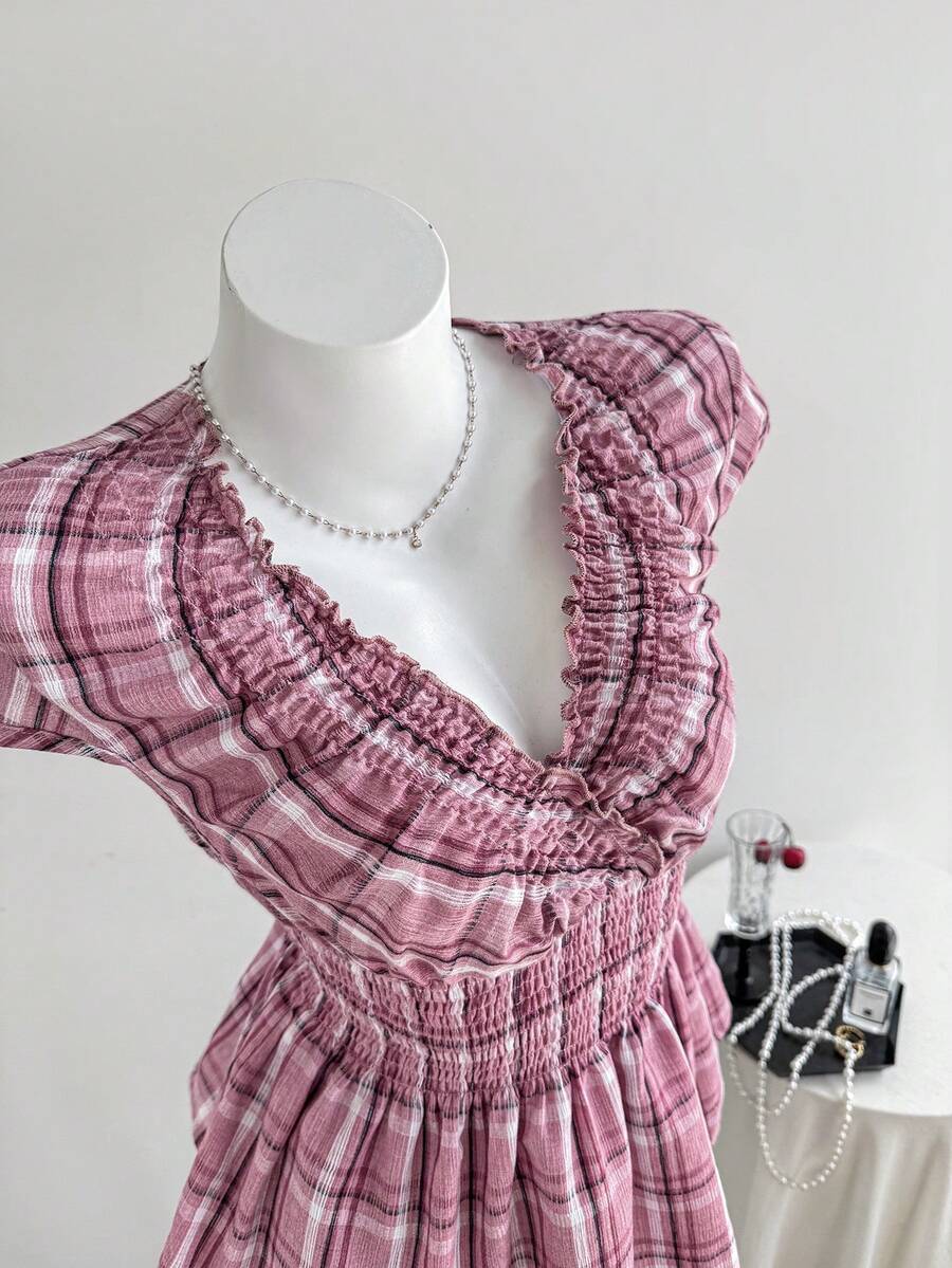 Y2K Retro American Casual Plaid V-Neck Ruched Waist Peplum Hem Short Sleeve Blouse - Pink - View 1