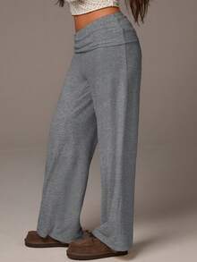 Athîral Women's Casual Solid Color Fold-Over Waist Straight Leg Pants - Grey - View 4