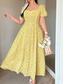 Celure 女士优雅碎花连衣裙,方领、泡泡袖、收腰设计、荷叶边下摆,时尚百搭,适合花园派对、春夏法式风格连衣裙、黄色碎花连衣裙、田园风连衣裙、贝儿连衣裙、女士黄色连衣裙、女士复活节连衣裙、女士连衣裙 - 黃色 - 查看 4