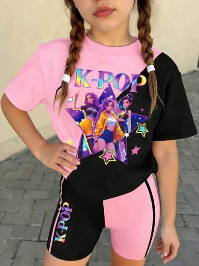 Spring And Summer Young Girl Casual Fashion Creative Personalized Refreshing Minimalist Cool Virtual Girl Group Colorful Pentagram Star Light Pink And Black Graphic Letter Slogan Print Casual Basic Short T-Shirt And Leggings Set, Comfortable Daily Wear