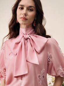 Anewsta Spring/Summer New Romantic Vacation Style Bowknot Hollow Embroidered Blouse + High Waist A-Line Hollow Embroidered Skirt 2-Piece Set For Women - Pink - View 2