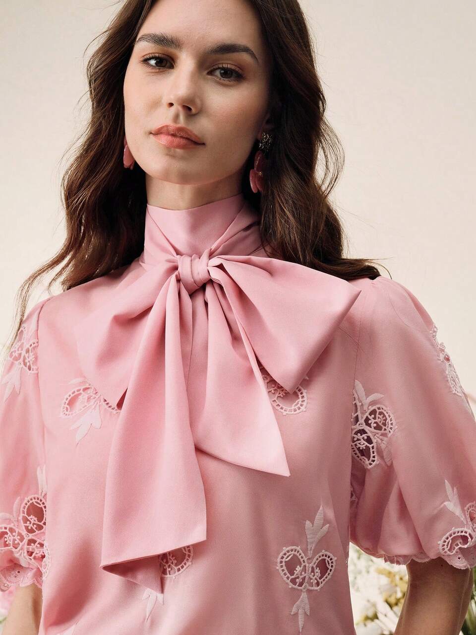 Anewsta Spring/Summer New Romantic Vacation Style Bowknot Hollow Embroidered Top + High Waist A-Line Hollow Embroidered Skirt 2-Piece Set For Women