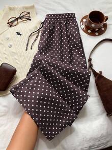Quần ống rộng cạp chun họa tiết chấm bi cho bé gái tuổi teen - màu nâu - Xem 1