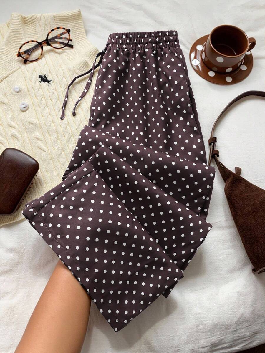 Quần ống rộng cạp chun họa tiết chấm bi cho bé gái tuổi teen - màu nâu - Xem 1