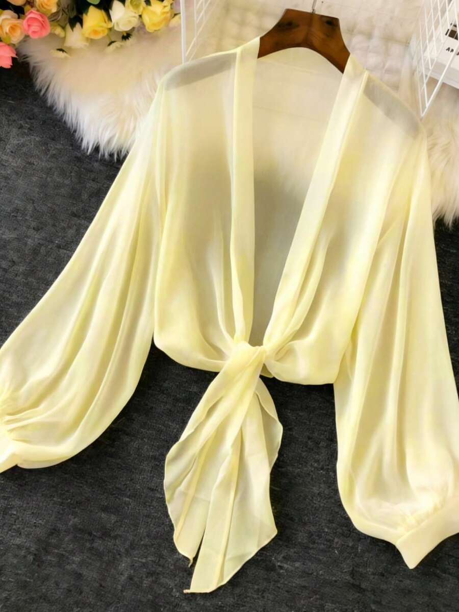 Resyla 女士轻薄灯笼袖系带和服开衫，夏季 - 淡黃色 - 查看 1