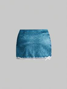 ROMWE Kawaii 女士 Y2K Baddie 弹力紧身休闲可爱猫咪蕾丝边迷你裙，低腰紧身迷你裙，春夏款 - 藍色 - 查看 5