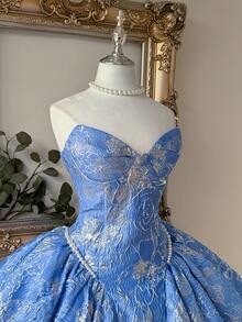 Lovelzi 优雅奢华的红色提花面料手工珍珠装饰甜心领复古腰线A字短款女士正式晚礼服 - 淺藍色 - 查看 6