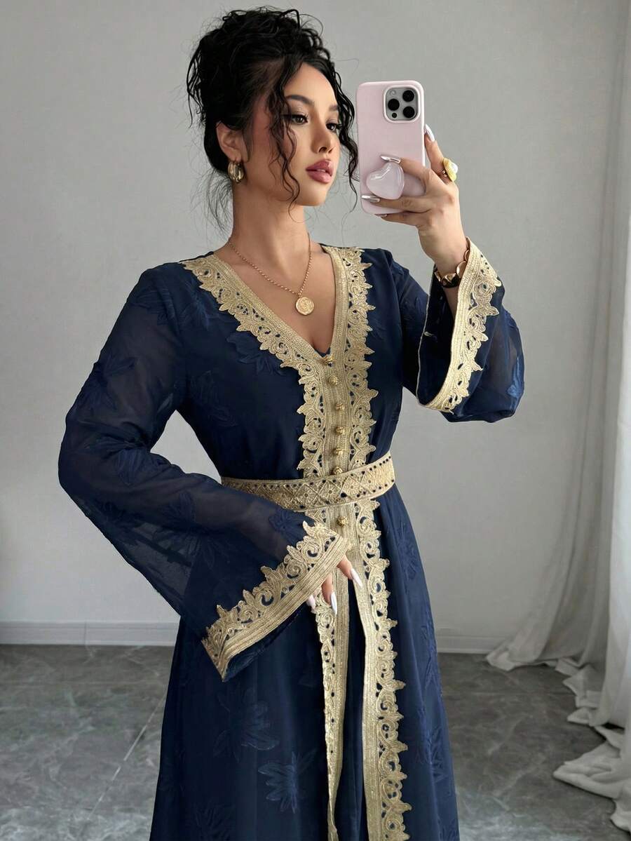 Rafferiza 女士V领长袖金色蕾丝拼接长裙 - 藏蓝色 - 查看 1