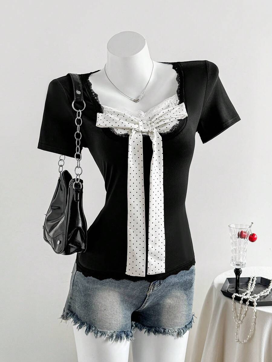 Elamini Áo thun nữ tay ngắn in chấm bi, thắt nút phía trước, kiểu dáng thường ngày. - Nhiều màu - Xem 1