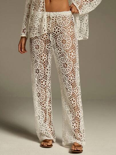 Athîral Women's Casual Vacation Hollow Wide Leg Pants, Women's Casual Pants, Women's White Hollow See Through Pants, Suitable For Beach Vacation Wear, Date Party Wear, White Pants, Daily Wear