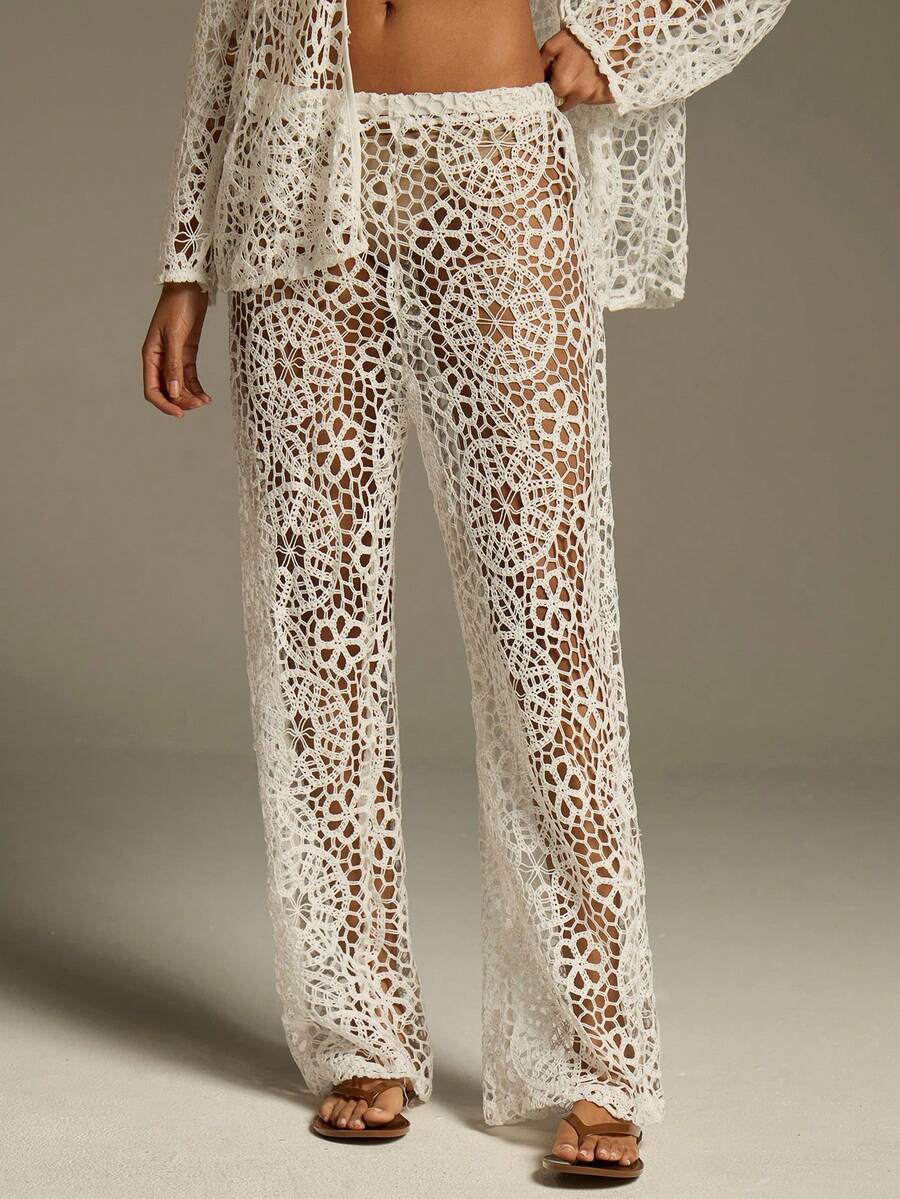 Athîral 女士休闲度假镂空阔腿裤 - 咖啡棕 - 查看 1