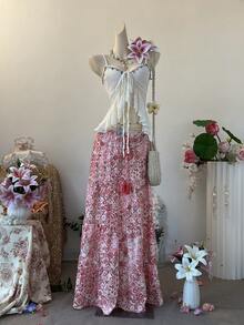 SuriyaCove Áo hai dây nữ đính hạt, dây buộc, vạt áo xếp ly bất đối xứng - Màu be - Xem 3
