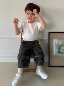 Hapijoa Áo thun ngắn tay cổ tròn màu trơn dáng rộng cho bé trai, thích hợp mặc mùa hè. - Đen và trắng - Xem 13