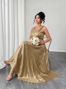 Elenzga Women's Elegant V-Neck Gold Satin Sleeveless Long Dress,Plus Size Glitter Evening Gown,Summer Wedding Guest Gala Formal Dress,Spring Vacation Dress - Gold - View 7