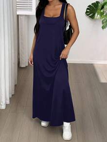 SHEIN EZwear Women's Asymmetric Neckline Sleeveless Casual Dress, Summer Dress With Built-In Bra, Navy Blue Vacation Dress, Navy Blue Summer Dress, Casual Navy Blue Dress - Navy Blue - View 4