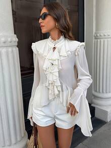 Selianne Áo sơ mi nữ dáng suông thanh lịch, cỡ tiêu chuẩn, thích hợp cho công sở, mùa xuân/hè. - Màu be - Xem 4