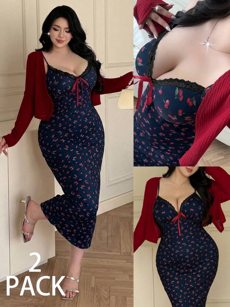 Vibekara 大码女式春夏长袖针织开衫+吊带花卉蝴蝶结腰带樱桃水果印花优雅复古可爱甜美休闲度假裹身裙两件套 - 藏蓝色 - 查看 1