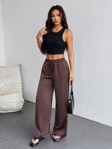 SHEIN PETITE 女士夏季乡村音乐会外出海滩装扮波西米亚风简约水洗100%纯棉白色弧形裤脚裤 - 棕色 - 查看 6