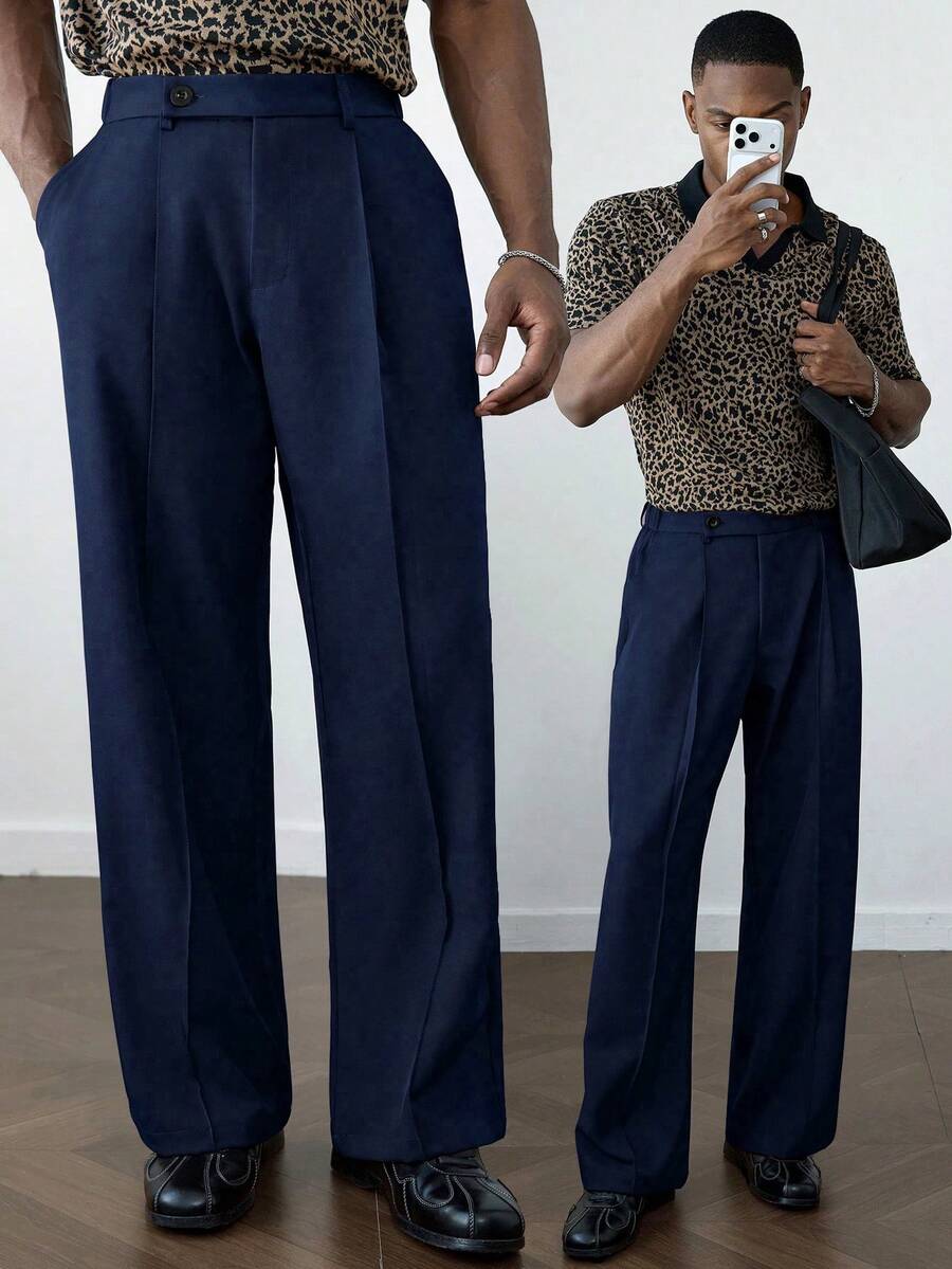 HUEFORM Men's Anti-Wrinkle Solid Color Loose Drape Casual Wide Leg Pants - Navy Blue - View 1