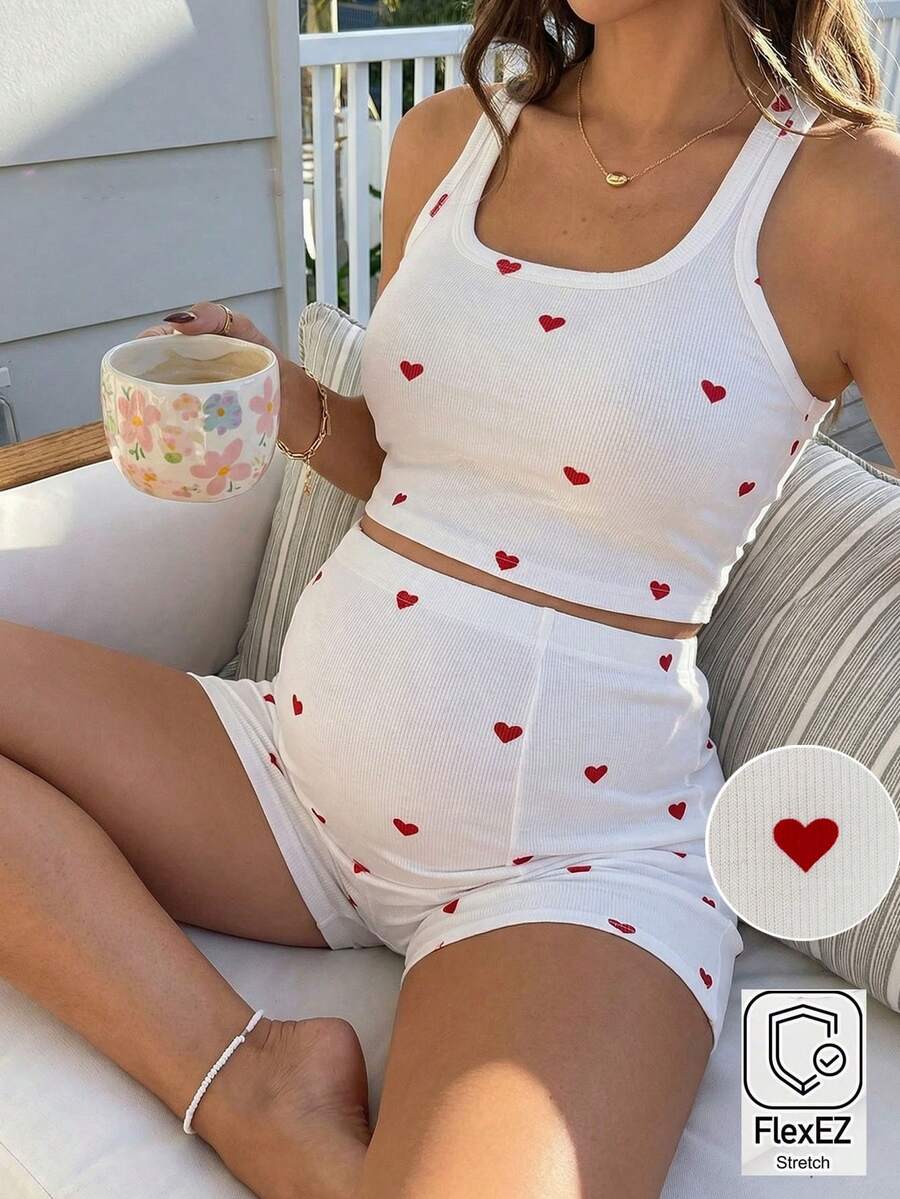 Slowluna 2件套孕妇爱心印花露脐背心和短裤套装，休闲款 - 白色 - 查看 1
